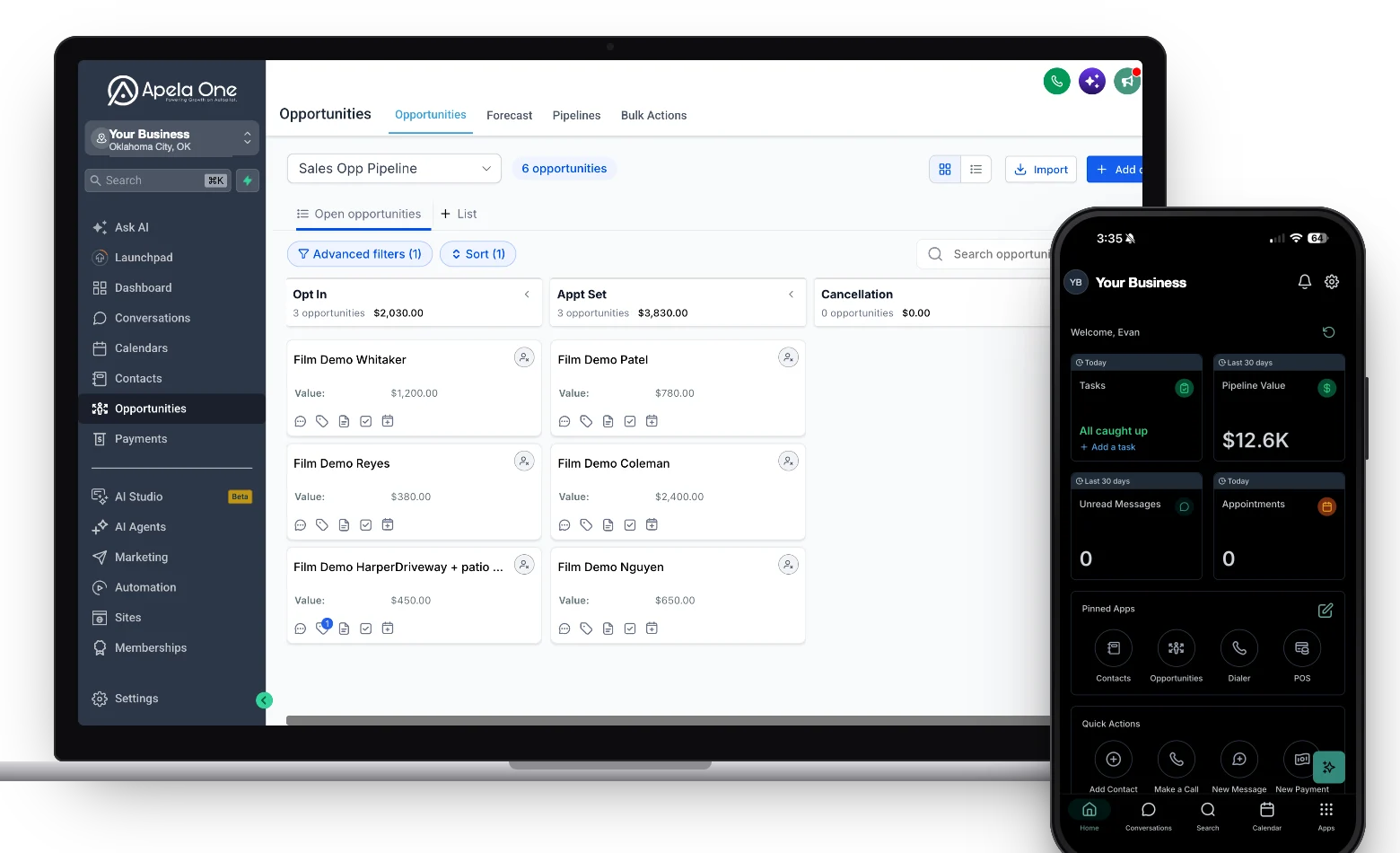 Apela CRM pipeline on a laptop and the CRM mobile app dashboard on a phone